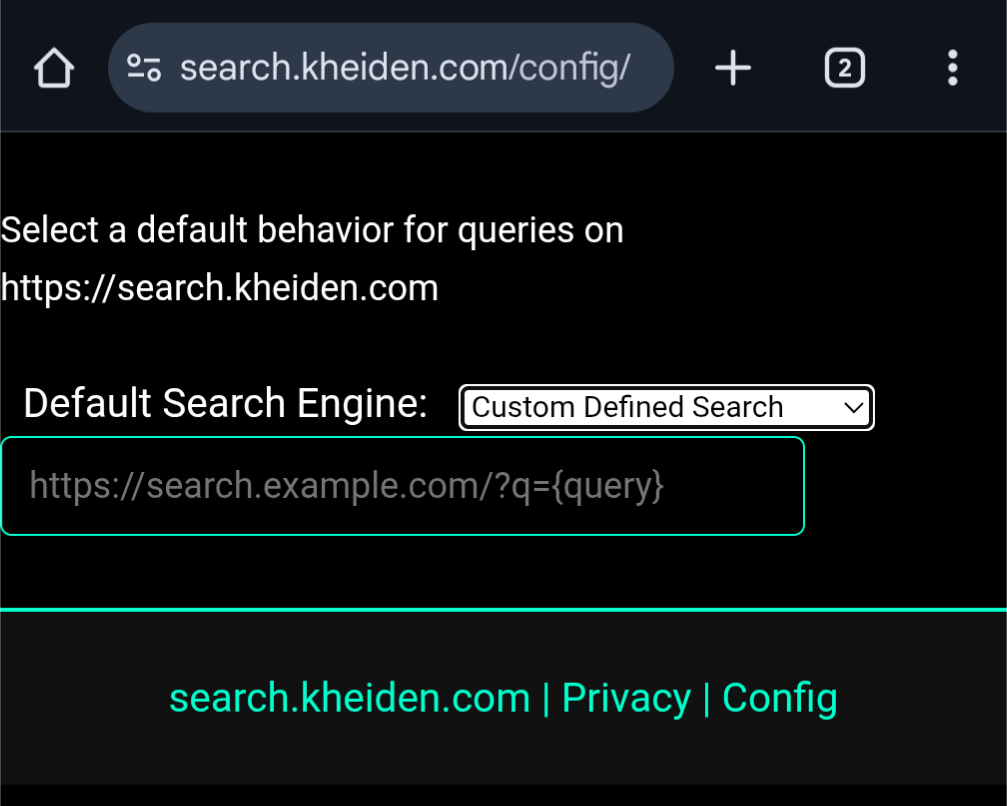 A form for entering a custom defined search engine